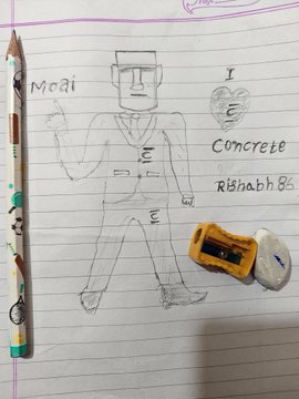 A hand-drawn sketch on lined notebook paper shows a figure labeled "Moai" (in the style of the Trust Wallet logo) alongside the text "I [heart] Concrete" and a handwritten signature "RIshabh 86," with a pencil, pencil sharpener, and eraser placed on the page—visually celebrating community contribution and effort within the Concrete community.