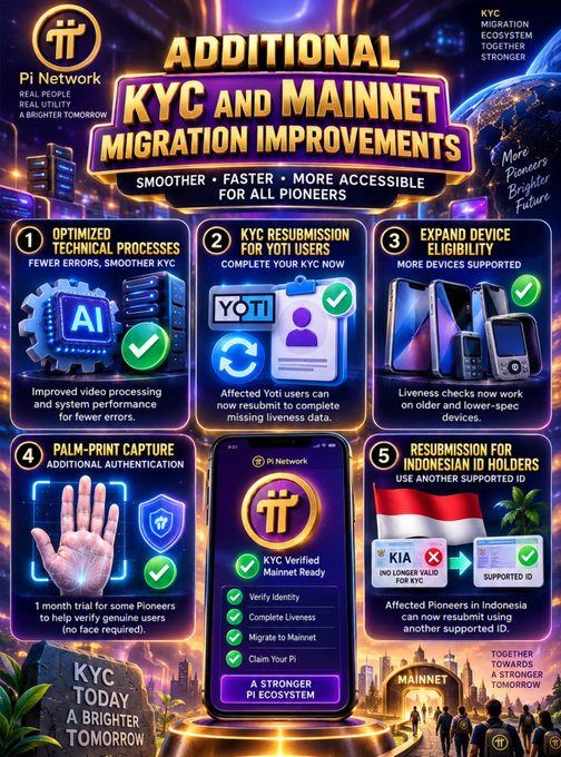 A vibrant promotional graphic for Pi Network announcing "Additional KYC and Mainnet Migration Improvements," featuring five key updates: optimized AI video processing, Yoti KYC resubmission, expanded device eligibility, 1-month palm-print authentication trial, and KIA support for Indonesian ID holders. The infographic emphasizes "Smoother, Faster, More Accessible for All Pioneers" with a tagline of "KYC Today, A Brighter Tomorrow."