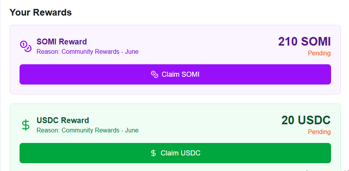A rewards dashboard showing pending SOMI and USDC tokens from Community Rewards - June, with claim buttons for 210 SOMI and 20 USDC.