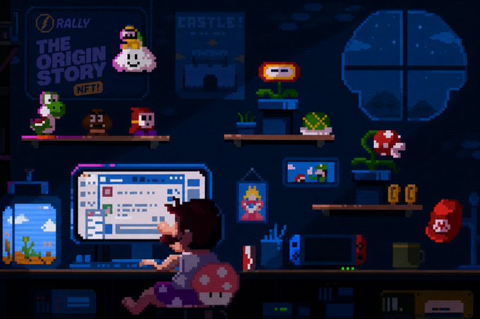 The image features a boy sitting at a desk using a computer monitor with a mouse. The background shows various items such as potted plants, a TV, and other decorations typical of a home office or gaming area. There are also several small figurines on display in the room, adding to its overall aesthetic appeal.
