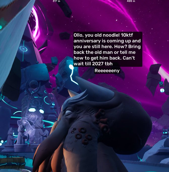 A screenshot from what appears to be a space-themed game or virtual world shows a character with a tentacled, shell-like appearance against a purple cosmic backdrop, with floating distances of "317 m" and "499 m" displayed at the top. A message box reads "Ollo, you old noodle! 10ktf anniversary is coming up and you are still here. How? Bring back the old man or tell me how to get him back. Can't wait till 2027 tbh Reeeeeny," directly echoing the post's demand for 10KTFshop to bring back "the old man."