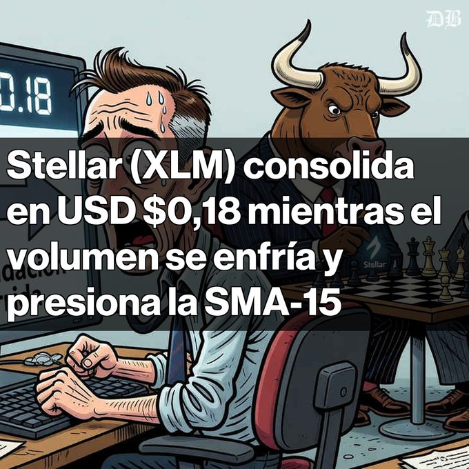 A cartoon illustration of a sweating man at a computer and a bull playing chess, with Spanish text about Stellar (XLM): "Stellar (XLM) consolida en USD $0,18 mientras el volumen se enfría y presiona la SMA-15".