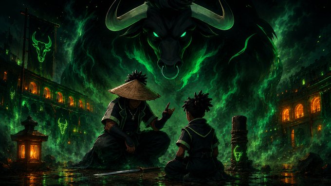 A dark, atmospheric digital artwork depicting two young characters in Asian-inspired attire sitting before a giant, glowing green demonic bull head with horns and a nose ring, surrounded by green mist and lanterns.