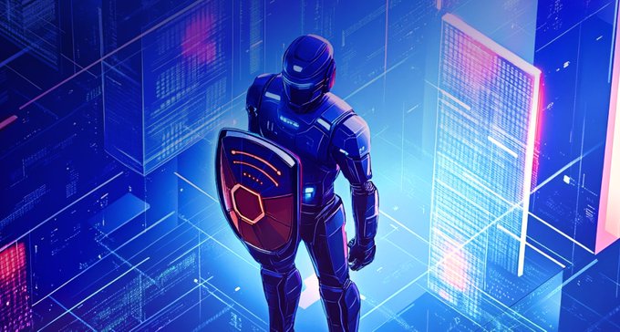 A futuristic digital illustration of an armored figure in a black helmet and suit holding a shield with a Wi-Fi symbol, standing amidst a neon blue cyberpunk cityscape with floating skyscrapers and data streams.