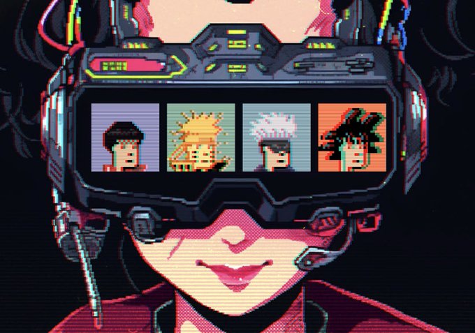 A pixel art character wearing a high-tech VR headset displaying portraits of anime heroes (Goku, Naruto, Kakashi, and Asta), with the accompanying post "We are coded for success $zaibatsu" suggesting a crypto or gaming project themed around anime-inspired hero avatars and virtual reality.