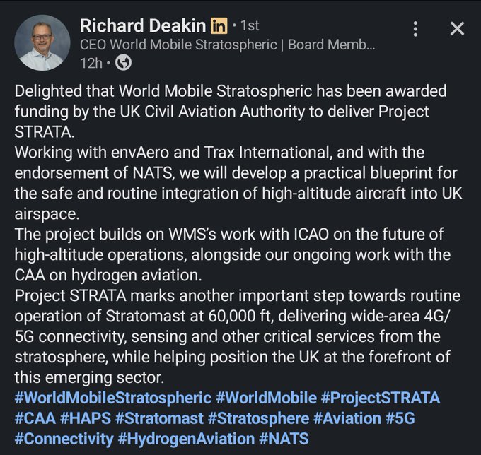 A LinkedIn post by Richard Deakin, CEO of World Mobile Stratospheric, announcing UK Civil Aviation Authority funding for Project STRATA to integrate high-altitude aircraft into UK airspace, with hashtags including #ProjectSTRATA and #HAPS.