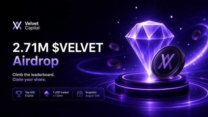 A promotional graphic for 'Velvet Capital' advertising a '2.71M $VELVET Airdrop' with text stating 'Climb the leaderboard. Claim your share.' and details about eligibility and a snapshot date of August 10th.