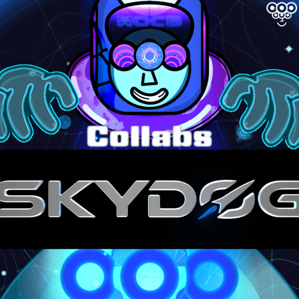 A logo/graphic for 'SKYDOG' featuring a character with a VR-like headset above the word 'Collabs' and a blue logo at the bottom, on a dark blue patterned background.
