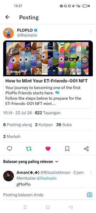 A screenshot of a Post on X (formerly Twitter) from PLOPLO (@0xploplo) showing a promotional post titled "How to Mint Your ET-Friends-001 NFT," featuring a collage of colorful cartoon character avatars and statistics of 822 Tayangan, 2 Kutipan, and 39 Suka, which directly corresponds to the accompanying post's call to mint the PLOPLO NFT on Ritual.