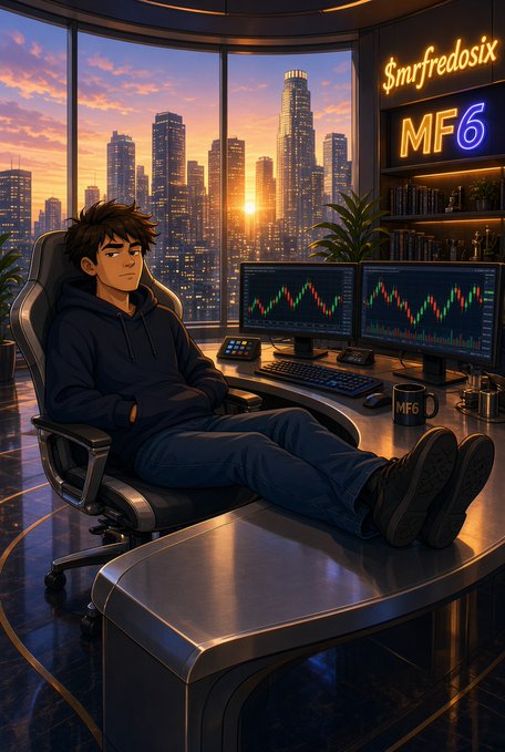 An anime-style illustration of a young man lounging at a desk with dual monitors showing trading charts, with a city skyline at sunset in the background and a sign reading 'Smfredosix MF6' on the wall.