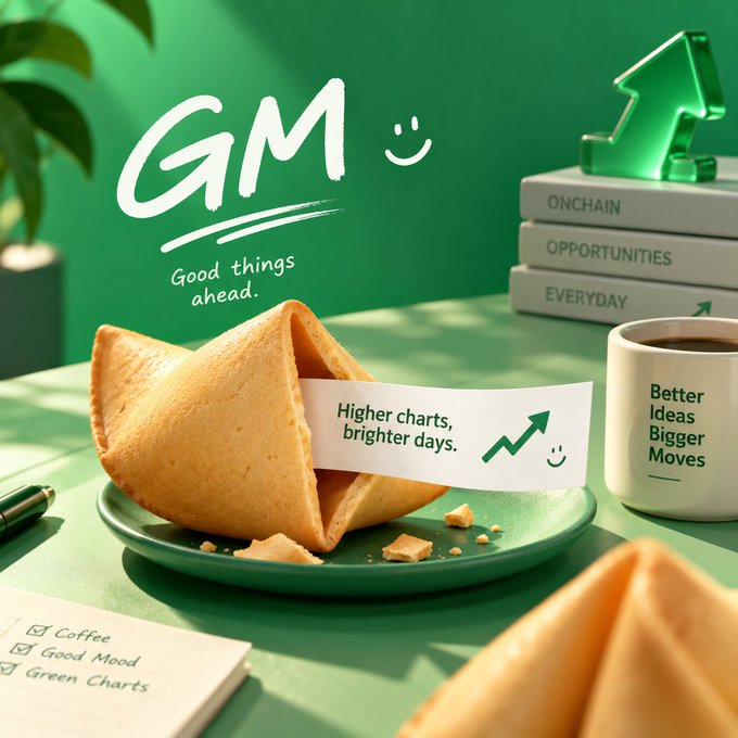 A green-toned still life features a fortune cookie on a plate with the message "Higher charts, brighter days," alongside a coffee mug reading "Better Ideas Bigger Moves," stacked books labeled "ONCHAIN," "OPPORTUNITIES," and "EVERYDAY," a glossy green upward arrow, and "GM - Good things ahead" text, tying into the "Your fortune looks green today" theme with its bullish, optimistic onchain market vibe.