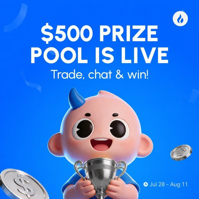 A blue promotional graphic announces a "$500 PRIZE POOL IS LIVE" event with the tagline "Trade, chat & win!" featuring a cute mascot character with blue horns holding a silver trophy, alongside floating coins and the date range "Jul 28 - Aug 11," matching the 14-day trade and share campaign details in the post.