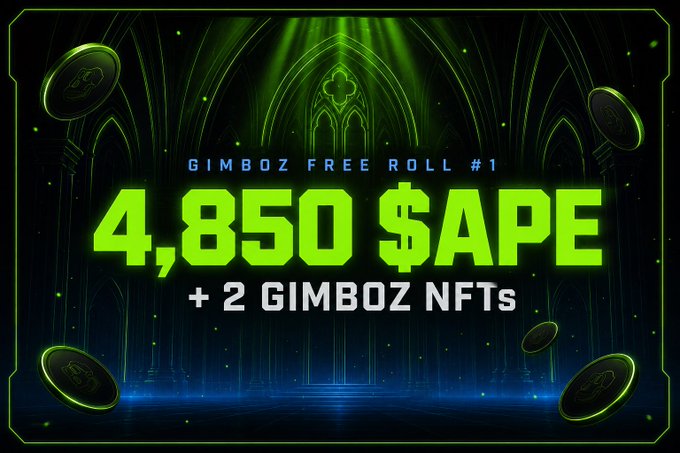 A digital promotional banner with a dark, gothic-themed background advertising a 'GIMBOZ FREE ROLL #1' giveaway of '4,850 $APE' plus '2 GIMBOZ NFTs'.