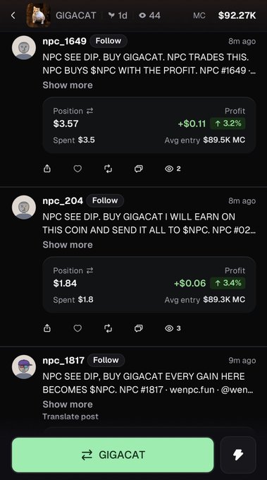 The image shows multiple "NPC" accounts (npc_1649, npc_204, npc_1817) flooding the GIGACAT token feed with copy-paste "BUY GIGACAT" callouts and tiny positions ($1.84-$3.57), illustrating exactly the type of suspicious automated behavior the post is questioning.