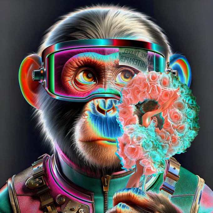 A vibrant digital artwork of a chimpanzee wearing colorful, iridescent futuristic VR goggles and a harness, holding up a bouquet of pink and turquoise roses that partially obscures its face.