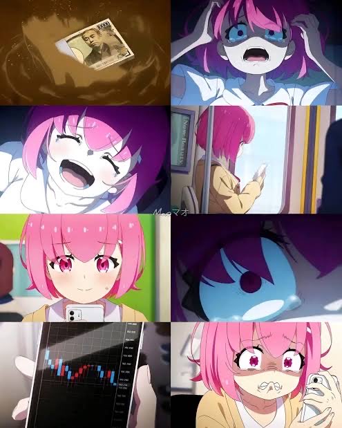 A collage of anime-style panels featuring a pink-haired character experiencing various emotional reactions, including scenes with money and trading charts.