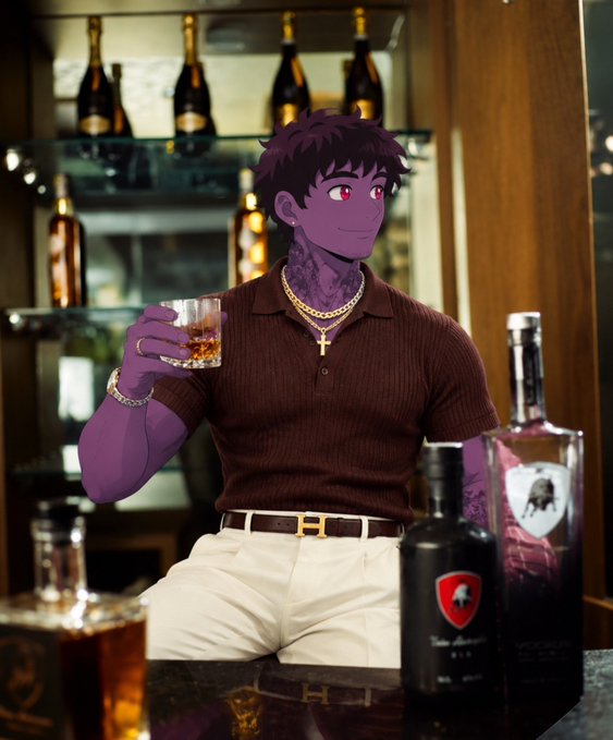 A purple-skinned animated character with dark curly hair sits at a bar, holding a glass of whiskey, wearing a brown polo shirt and gold cross necklace, with bottles displayed on shelves behind him.