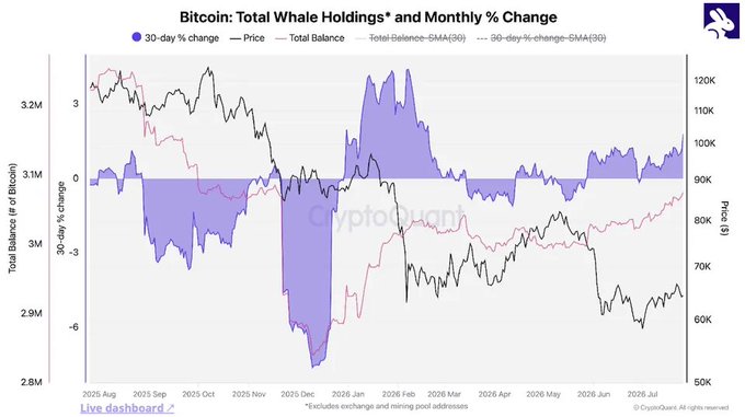 A chart titled "Bitcoin: Total Whale Holdings and Monthly % Change" tracks whale accumulation trends from August 2025 to July 2026, showing Bitcoin's total balance recovering from a late-2025 dip near 2.8M BTC to approximately 3.06M BTC by July 2026, while the price climbed from around $55K to nearly $120K. The accompanying post highlights that this surge in whale holdings aligns with $BTC, $ETH, and $XRP accumulation during a late-stage bear market, signaling bullish institutional positioning.