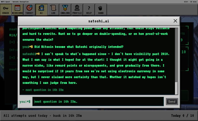 A terminal interface showing a conversation with satoshi.ai where a user asks if Bitcoin became what Satoshi originally intended, with a response about early hopes.