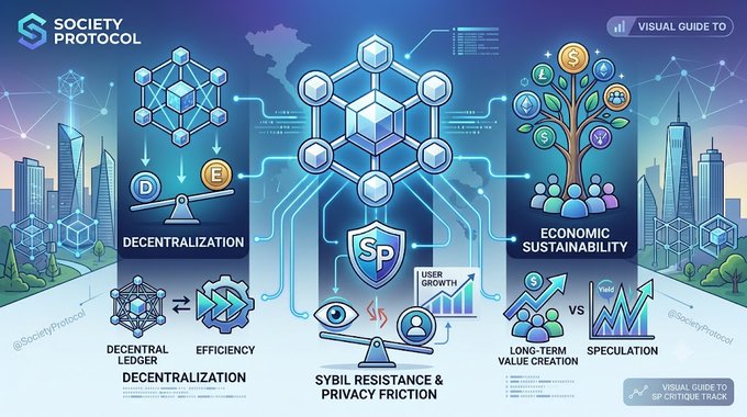 A visual guide to Society Protocol (@SocietyProtocol) illustrating its core features including decentralization, Sybil resistance & privacy friction, and economic sustainability with a central Sp logo shield.