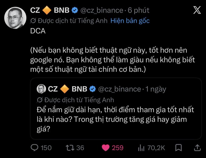 A screenshot of CZ Binance (@cz_binance) tweeting about DCA (Dollar Cost Averaging) and responding to a question about long-term investment timing in Vietnamese.