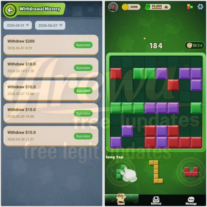 A mobile app screenshot showing a withdrawal history (with several successful withdrawals like $200 and $10) alongside a Tetris-style block puzzle game displaying a score of 184 and currency totals of 300K coins and 30,000, illustrating a Gemgala-like earning platform where users play games to accumulate redeemable points.
