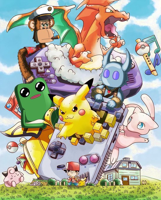 A colorful collage illustration featuring various gaming and anime characters including Pikachu, Charizard, a monkey with a controller, and other creatures.