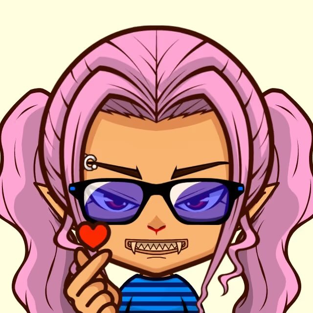 An anime-style illustration of a character with pink hair in pigtails, wearing purple-tinted glasses and a blue striped shirt, showing fangs while holding up a small red heart.