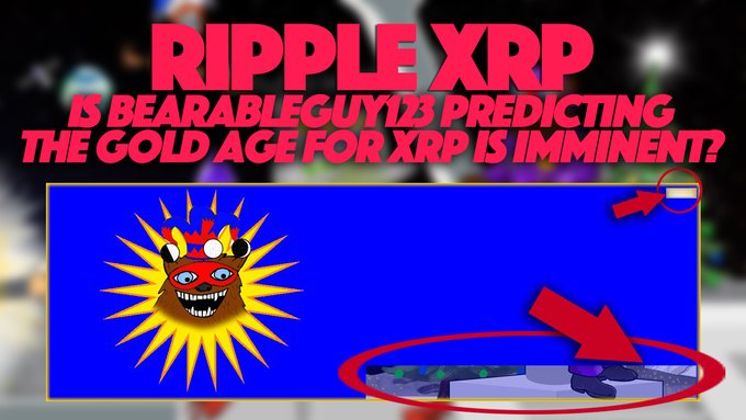 A YouTube thumbnail for a video about Ripple XRP featuring the bold red text "RIPPLE XRP - IS BEARABLEGUY123 PREDICTING THE GOLD AGE FOR XRP IS IMMINENT?" The blue banner highlighted in the image shows a cartoon sun wearing a crown, with a red arrow pointing to a small Dutch flag in the corner and another arrow circling an image at the bottom, supporting the post's claim about a banner change on the reverse account.