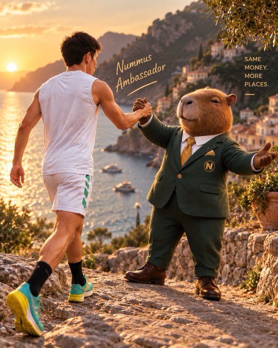 A man in white athletic wear walks up stone steps toward an anthropomorphic capybara wearing a green suit with an 'N' logo; text reads 'Nummus Ambassador' and 'SAME MONEY. MORE PLACES.' with a coastal town in the background.