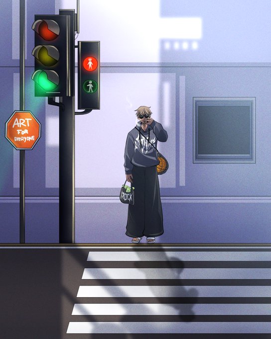 An anime-style illustration of a person with sunglasses standing at a crosswalk near a traffic light showing green, with a 'STOP ART FOR EVERYONE' sign nearby.