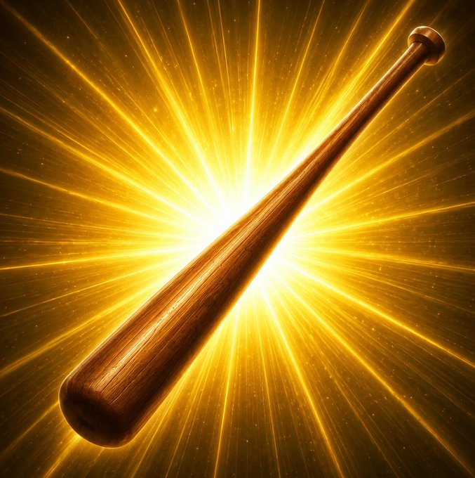 A glowing golden baseball bat radiates brilliant rays of light against a radiant starburst background, symbolizing a powerful "homerun" hit. The image visually reinforces the post's message that Solana and Pump need a major breakthrough to succeed.