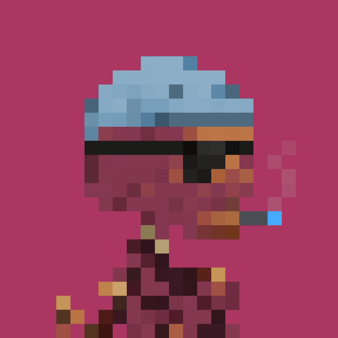 A low-resolution pixel art image showing a figure with blue hair, dark sunglasses, and a reddish-brown body against a solid magenta background.