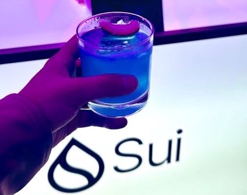 A hand holds a glass containing a blue beverage with a pink garnish, set against a purple-lit background with the logo 'Sui' visible on the surface below.