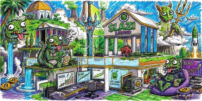 A vibrant, cartoon-style illustration depicts the "SLAZI LIZARD" crypto ecosystem headquarters, featuring multiple green lizard mascots in a futuristic compound complete with a temple, volcano, waterfall, and monitors displaying "MODL," "LAST LIZARD," and "$LAZI" alongside Bitcoin symbols. The chaotic, meme-like artwork perfectly complements the "Happy $Lazi Sunday To Everyone Grinding" post, visually celebrating the $LAZI coin community with its quirky reptilian branding.