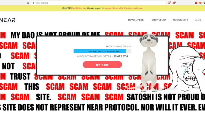 A fundraising page for token-near.org showing a target of $35,000,000 USD with 89.492 ETH raised, overlaid on a background filled with 'SCAM' text and a crying wojak meme.