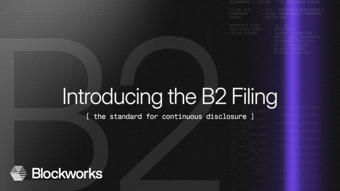 The image shows a poster with a black background featuring white text that reads "Introducing the B2 Filings". The poster also includes a list of 15 protocols, such as Morpho, Jito, and Aerodrome, along with their respective descriptions. The poster is designed to inform users about the new B-2 token transparency framework and its purpose in providing information on offchain financials for various protocols.