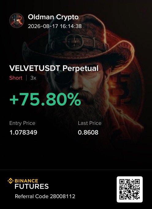 The image shows a trading screenshot from "Oldman Crypto" dated 2026-08-17, displaying a successful +75.80% return on a 3x short position of VELVETUSDT Perpetual (entry price 1.078349, last price 0.8608) on Binance Futures, with referral code 28008112 and a QR code at the bottom. This aligns with the post's claim about profiting from Velvet's -20% dump through disciplined short positioning and proper stop-loss management.