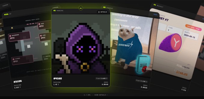 An interface displaying a 3D NFT marketplace with various digital items including 'BACKGROUND EPIC', a purple hooded character, a cat in a hoodie, and an 'ASSET TICKET'.