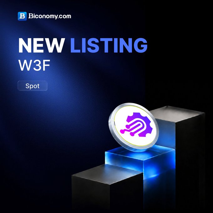 A promotional graphic from Biconomy.com announcing 'NEW LISTING' for the W3F token, featuring a glowing purple token on a metallic pedestal against a dark blue background.