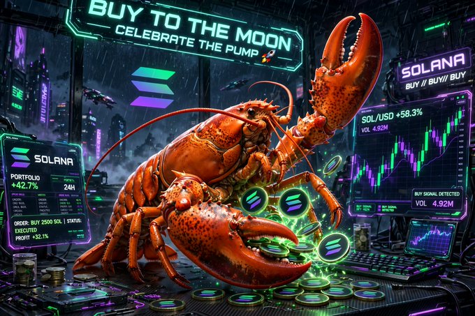 Cyberpunk-style illustration of a red lobster surrounded by Solana cryptocurrency trading screens showing 'BUY TO THE MOON', 'CELEBRATE THE PUMP', 'SOL/USD +58.3%', and 'PORTFOLIO +42.7%'.