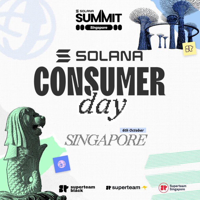 Promotional graphic for Solana Consumer Day at the Solana Summit Singapore on 6th October, featuring Singapore's Merlion statue and Supertree Grove.