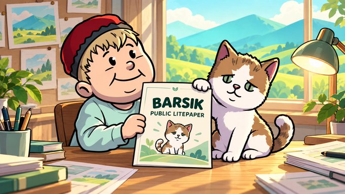 A cartoon illustration of a smiling man in a red beanie sitting at a desk with a cat, holding a book titled 'BARSIK PUBLIC LITEPAPER' featuring a cat illustration on the cover.