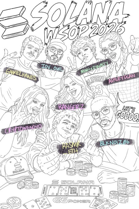 A black and white hand-drawn promotional poster for 'SOLANA WSOP 2026' featuring cartoon depictions of various personalities with names like GabrielHynes, IOV_OWL, Bangerz, YasmlkETH, and others around a poker table.