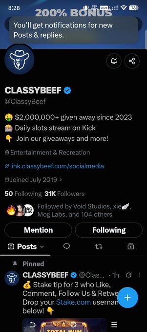 A mobile screenshot of the Twitter/X profile for "CLASSYBEEF" (@ClassyBeef), showing 31K Followers and a pinned post about a Stake.com giveaway.