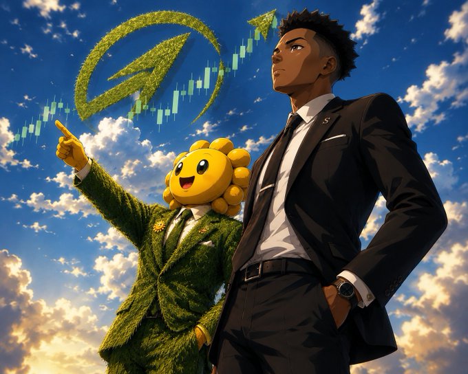 An anime-style illustration shows two figures in suits against a cloudy sky with a candlestick chart forming an upward arrow labeled "$TOUCHGRASS." One figure has a smiling sunflower head and a grass-textured suit, while the other is a young man in a black suit pointing skyward, visually representing the coin's market cap milestone of $500k ATH as mentioned in the post.