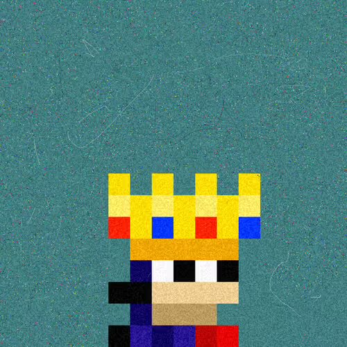 A pixel art character with a yellow crown featuring red and blue gems, dark eyes, and a blue and red outfit against a textured teal background.