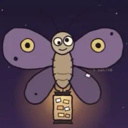 A cartoon illustration of a smiling butterfly-like insect holding a small board, set against a dark starry background.