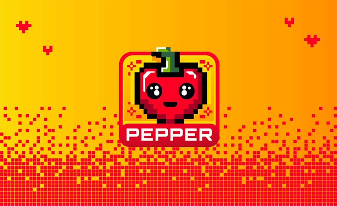 A pixel art style logo for "PEPPER" featuring a cute red character with a green stem, set against a yellow and orange gradient background with pixelated patterns.