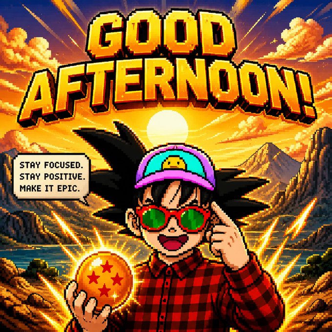 A pixel-art 'Good Afternoon!' graphic features a character in sunglasses and a backwards cap holding a Dragon Ball, with a speech bubble reading 'Stay focused. Stay positive. Make it epic.'